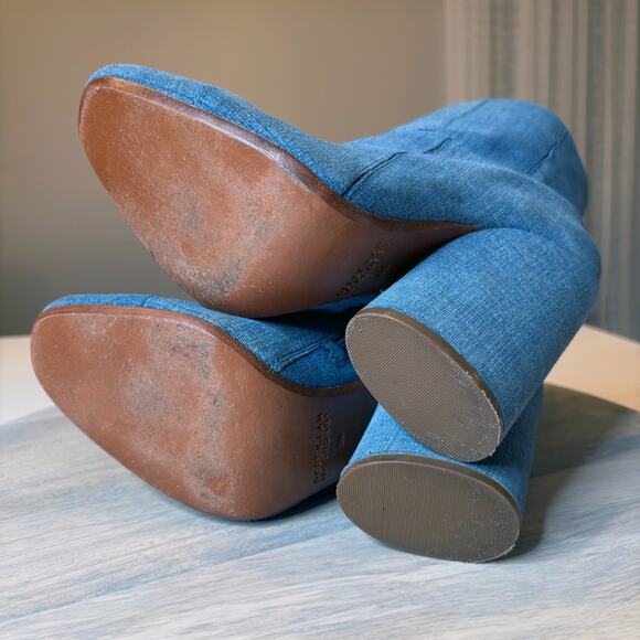 10 Crosby by Derek Lam Blue Denim Patchwork Ankle Bootie Block Heel Boots Sz 8 - Picture 12 of 12